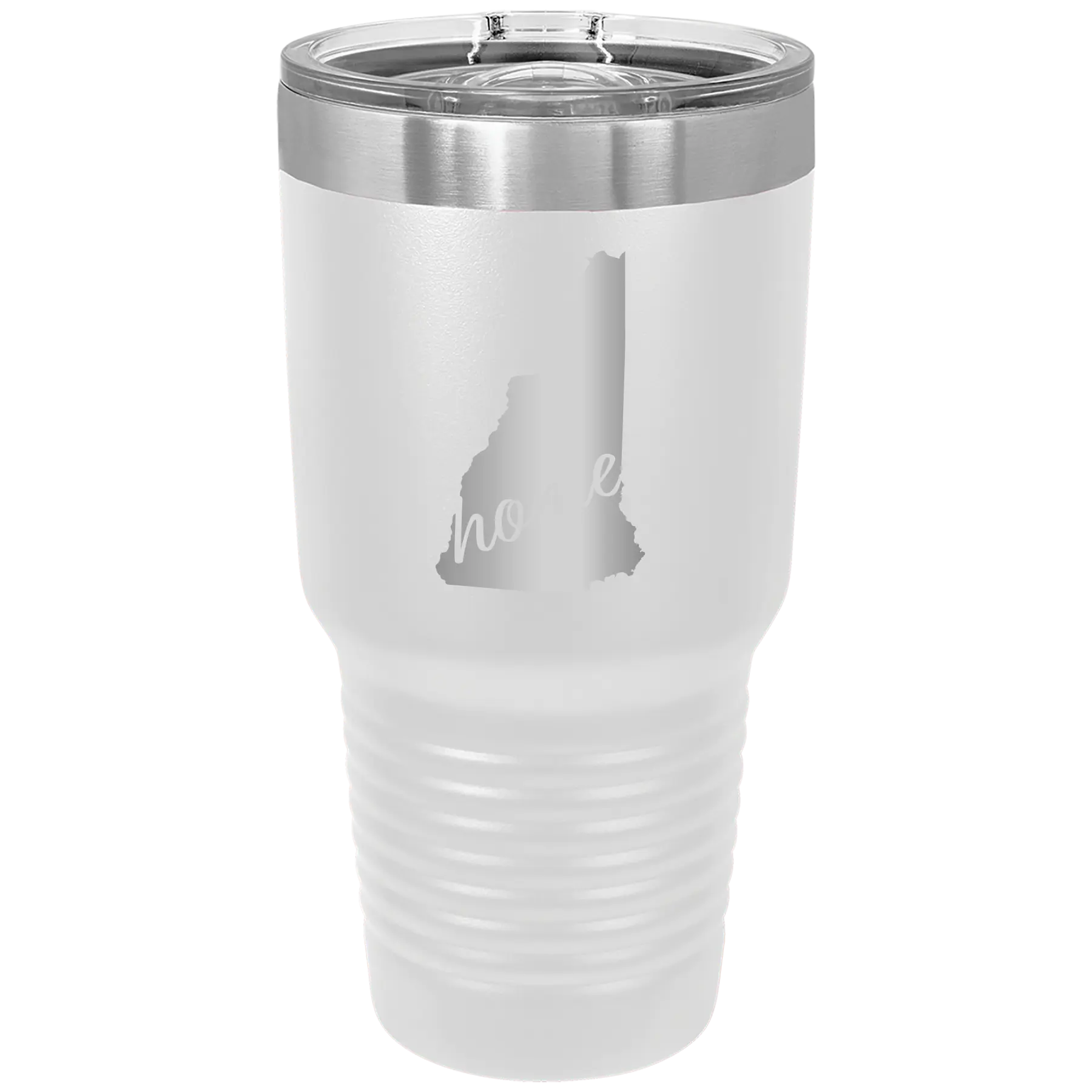 Laser etched white 30 oz vacuum insulated tumbler with 'New Hampshire Home' design
