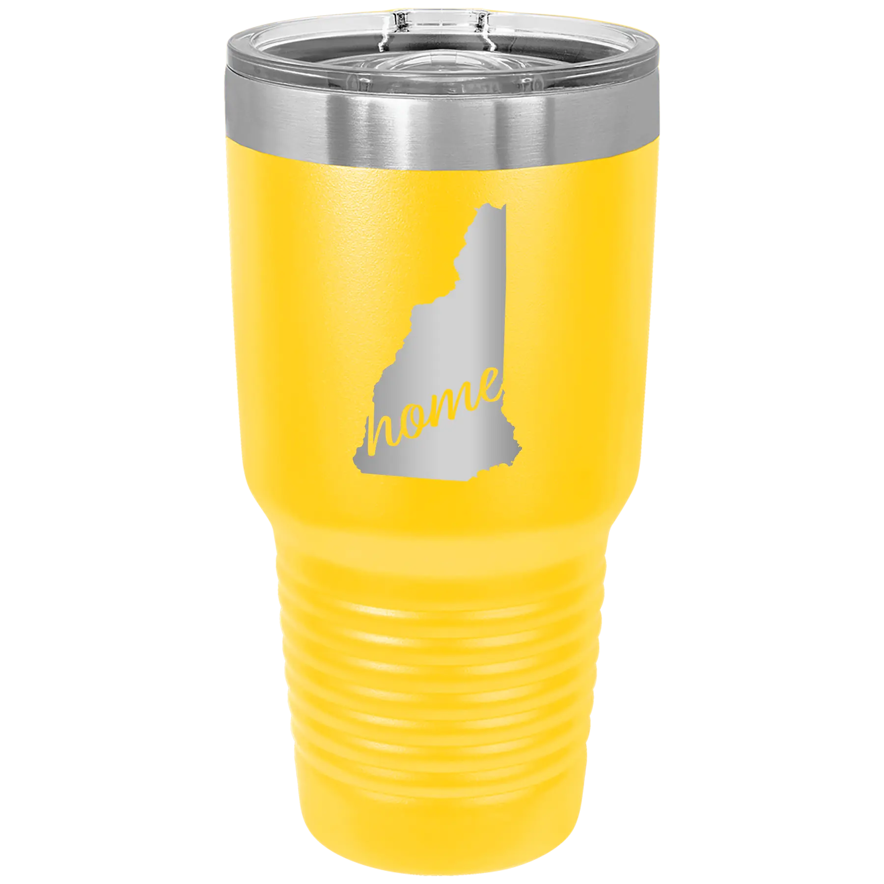 Laser etched yellow 30 oz vacuum insulated tumbler with 'New Hampshire Home' design