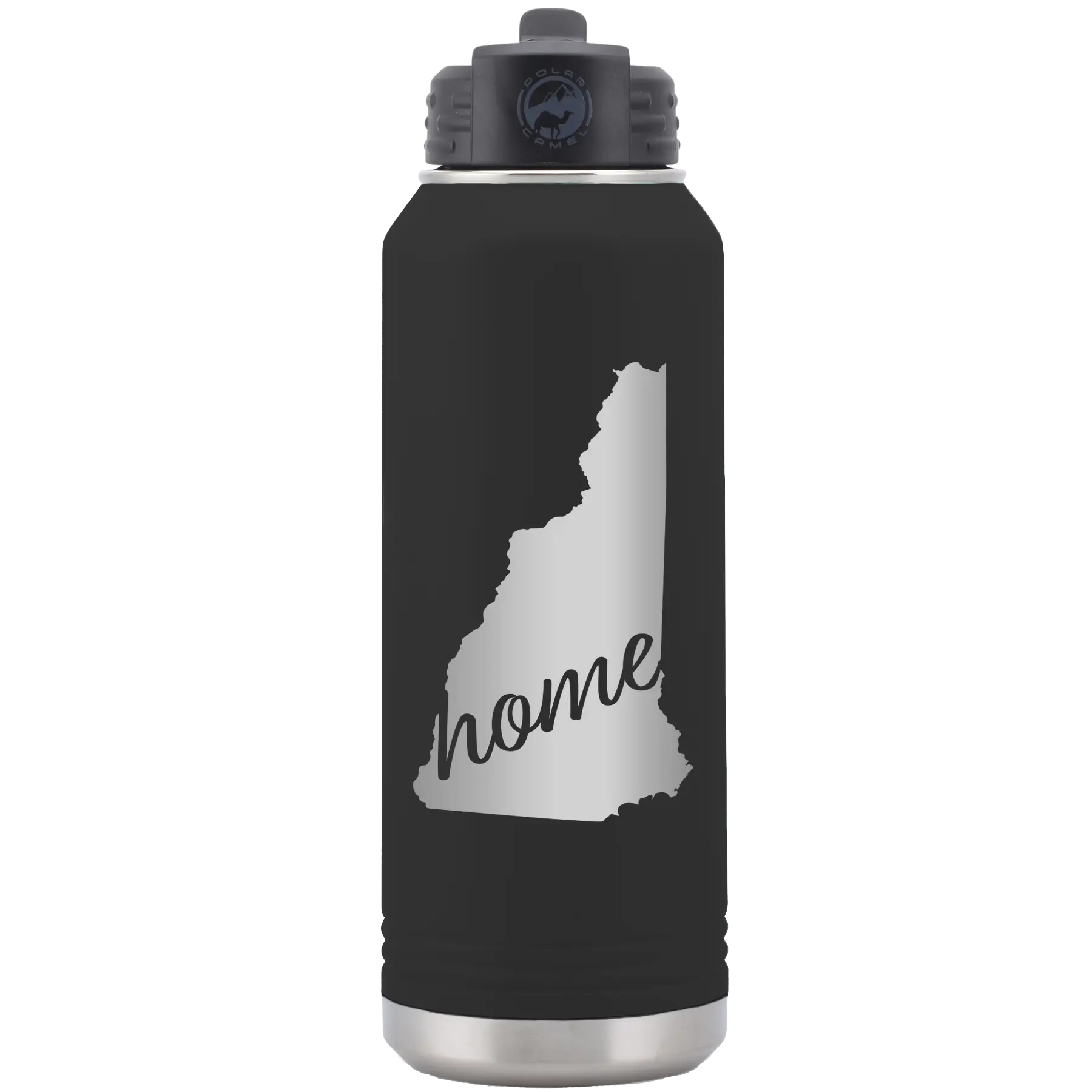 Laser etched black 32 oz vacuum insulated water bottle with 'New Hampshire Home' design