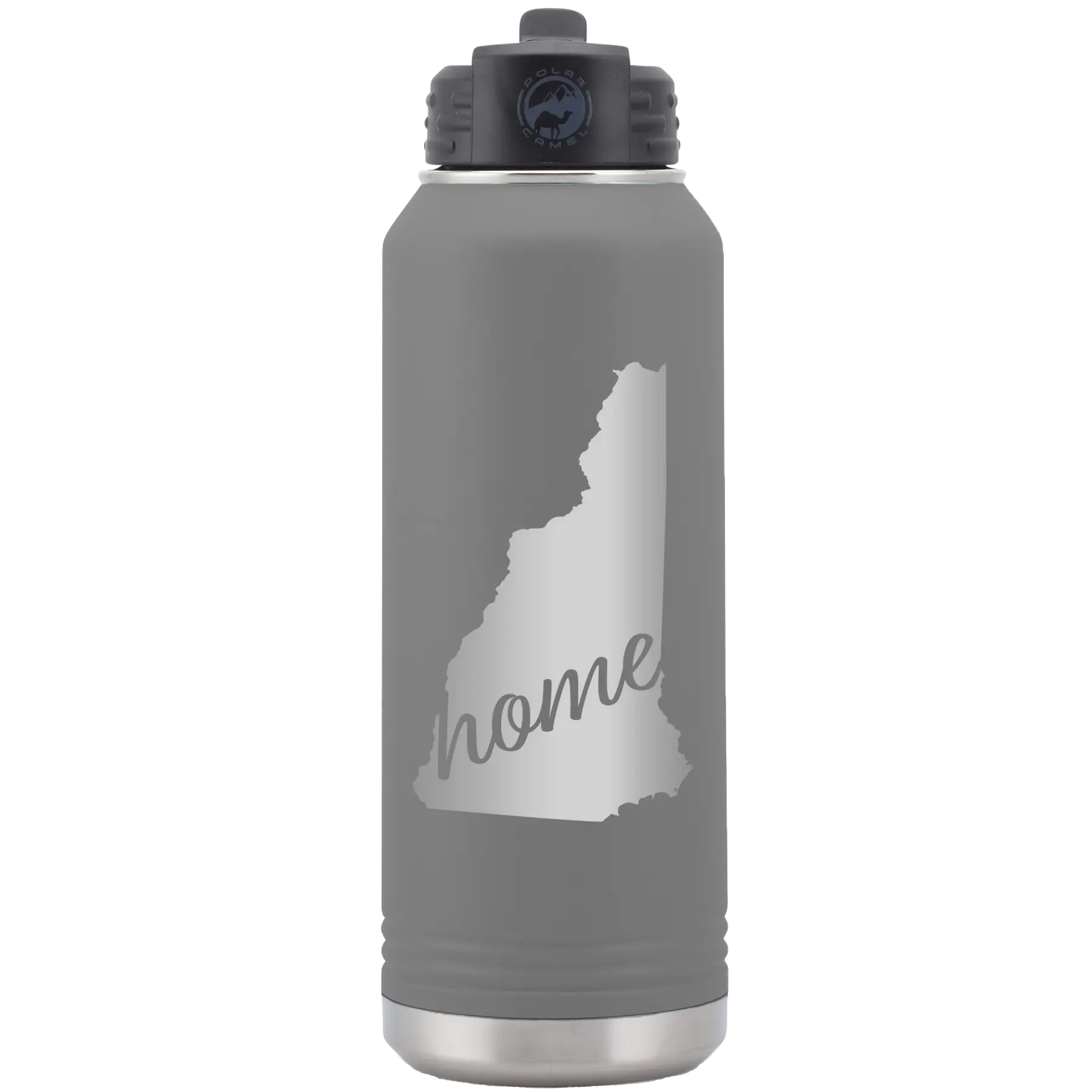 Laser etched dark gray 32 oz vacuum insulated water bottle with 'New Hampshire Home' design
