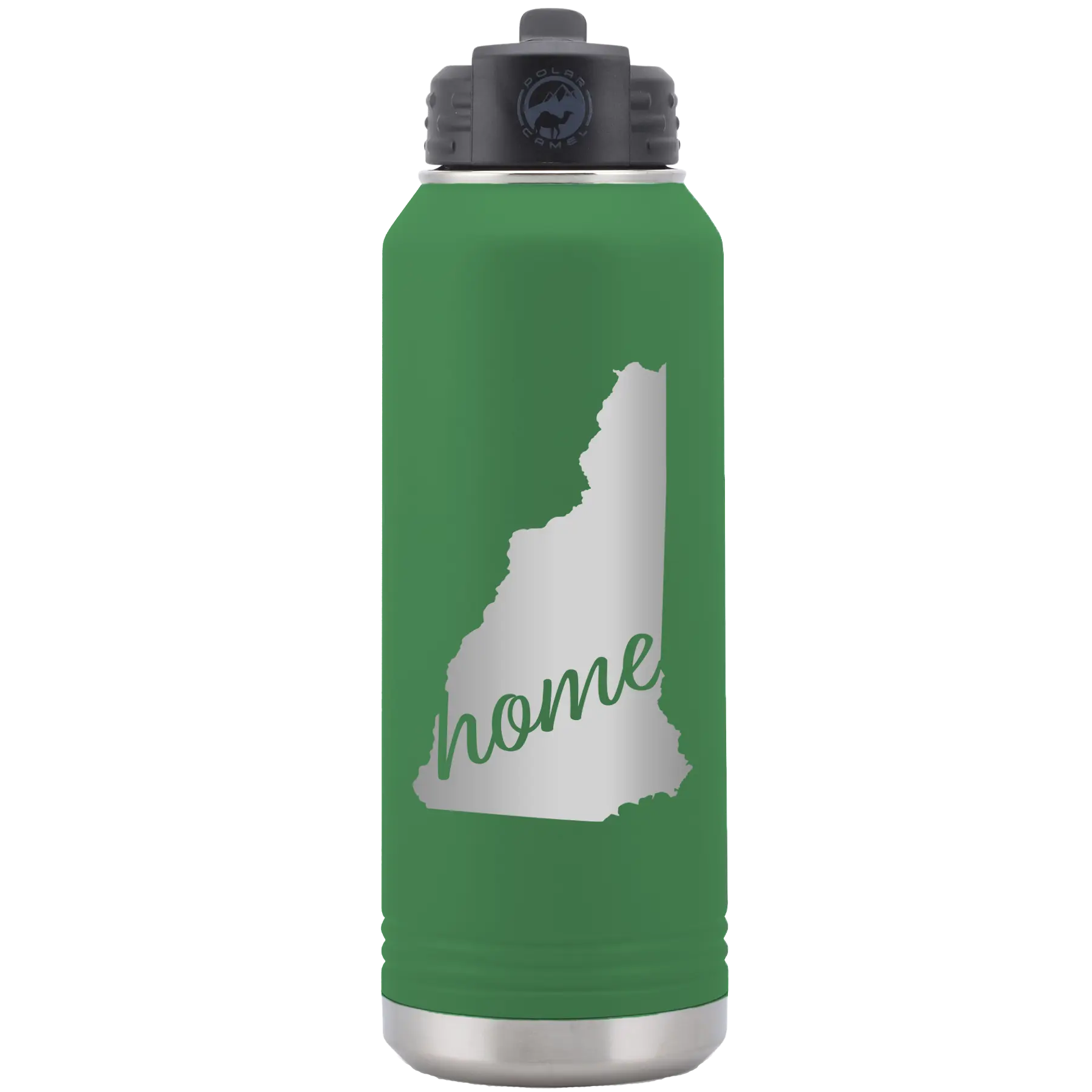 Laser etched green 32 oz vacuum insulated water bottle with 'New Hampshire Home' design