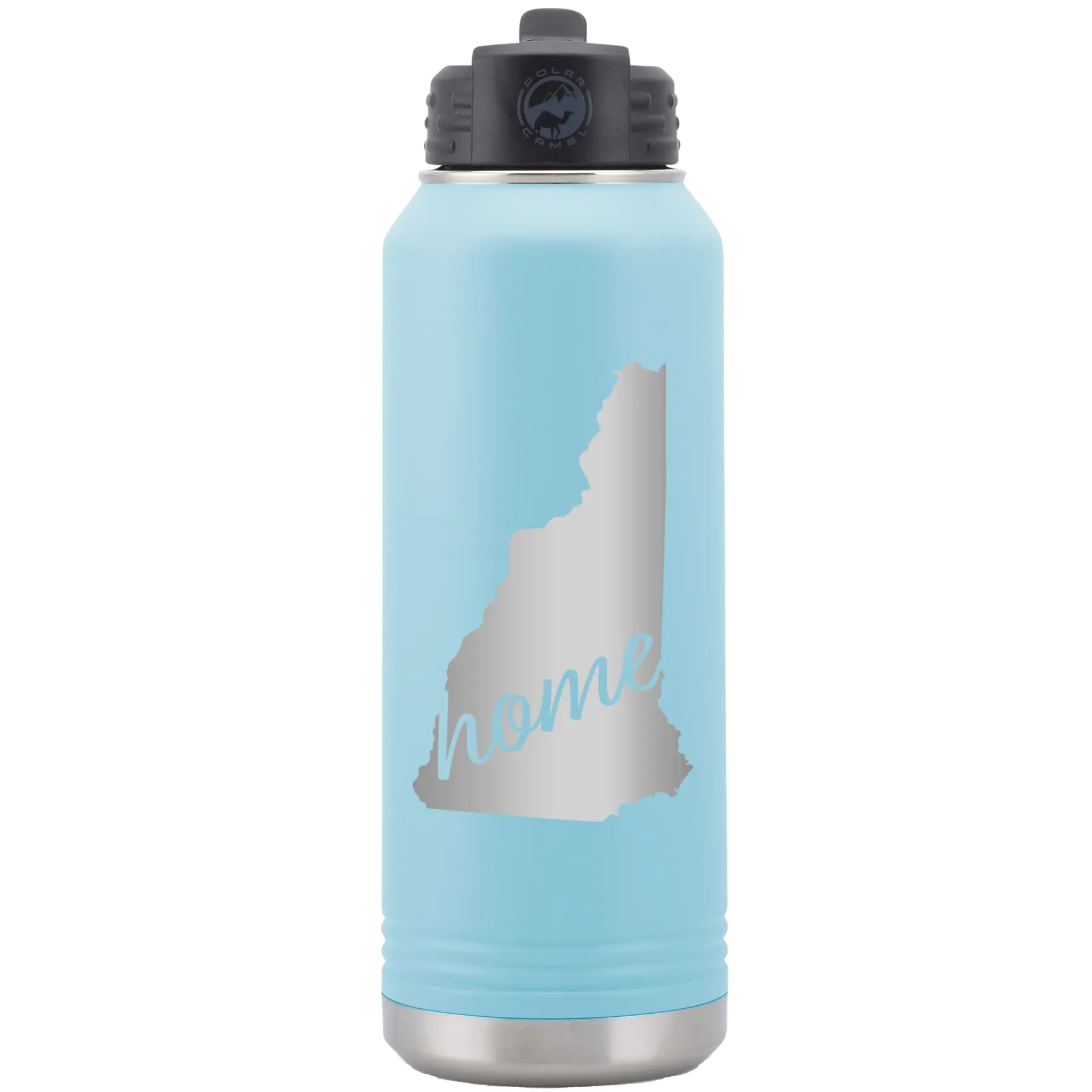 Laser etched light blue 32 oz vacuum insulated water bottle with 'New Hampshire Home' design