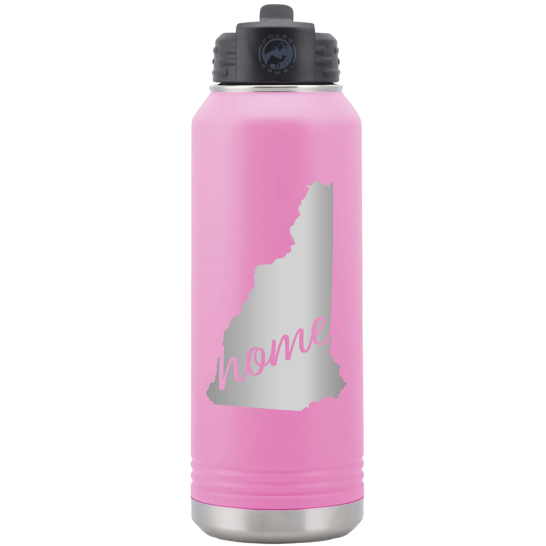 Laser etched light purple 32 oz vacuum insulated water bottle with 'New Hampshire Home' design