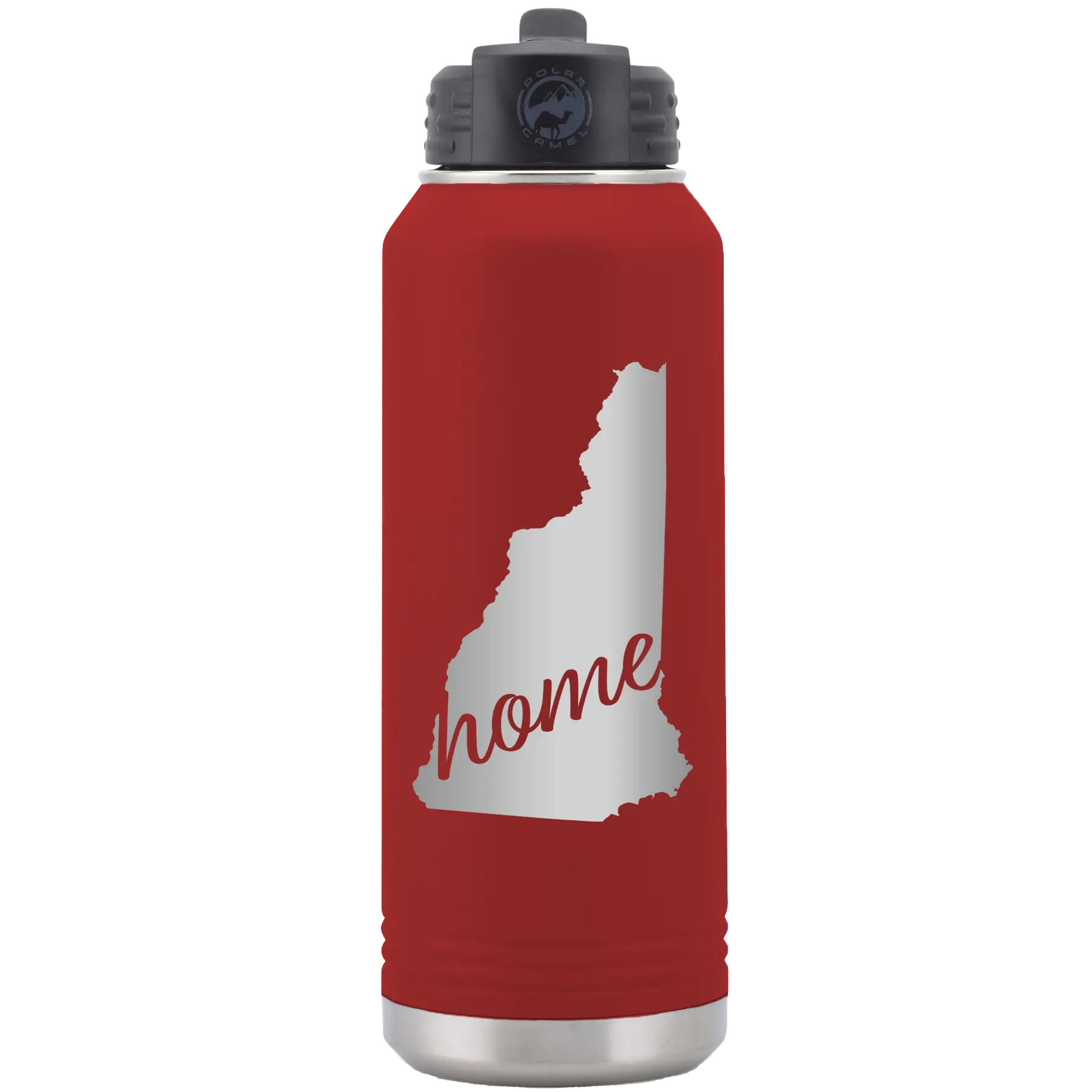 Laser etched maroon 32 oz vacuum insulated water bottle with 'New Hampshire Home' design