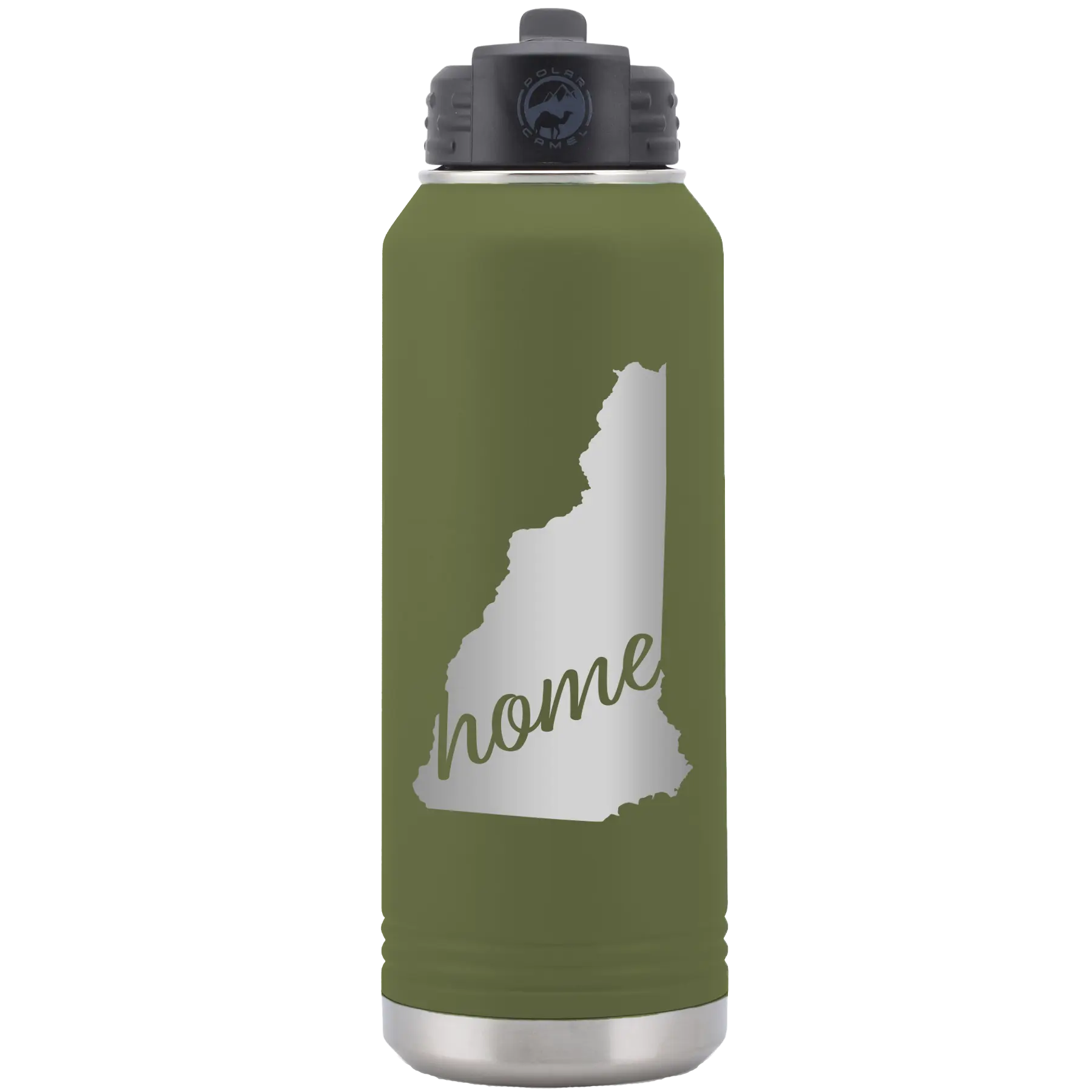 Laser etched olive green 32 oz vacuum insulated water bottle with 'New Hampshire Home' design