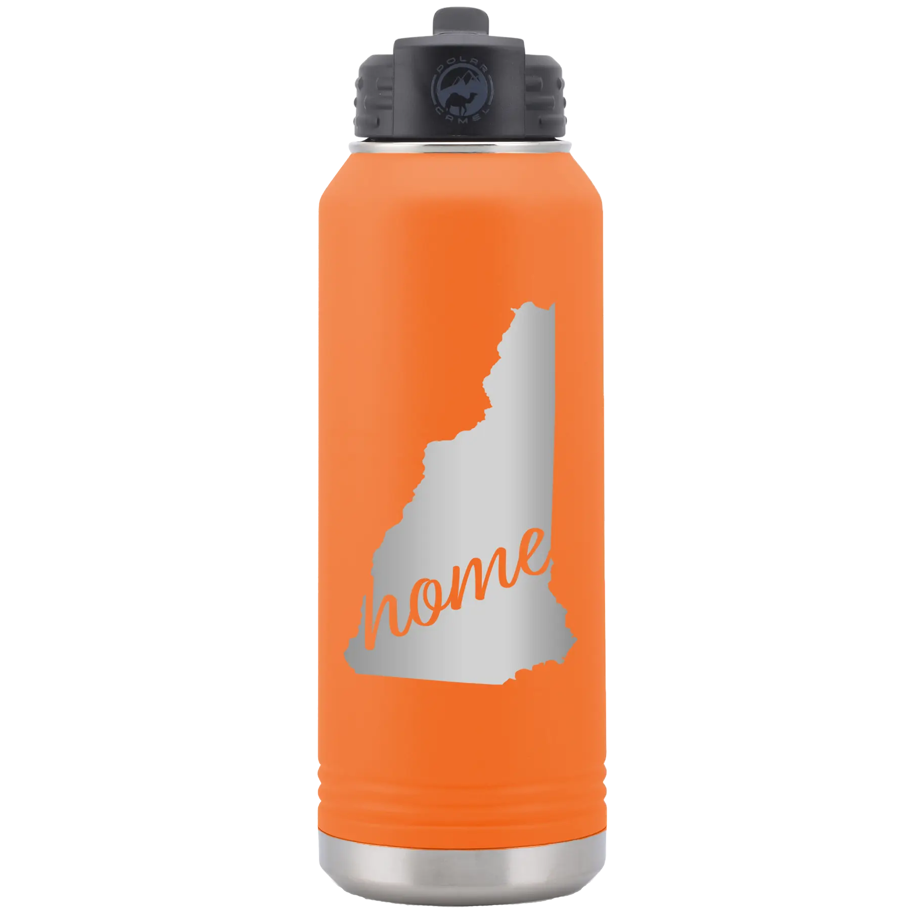 Laser etched orange 32 oz vacuum insulated water bottle with 'New Hampshire Home' design