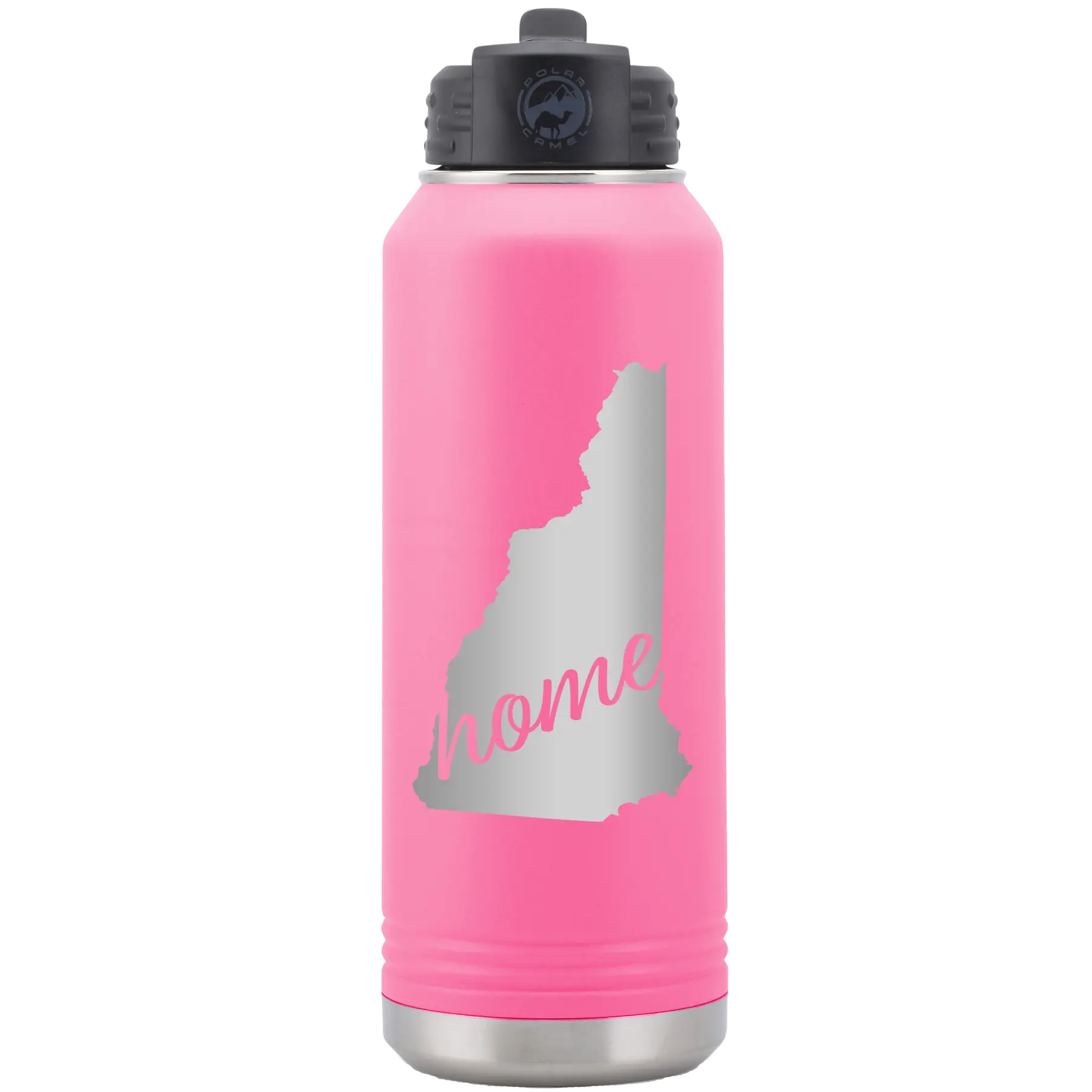 Laser etched pink 32 oz vacuum insulated water bottle with 'New Hampshire Home' design