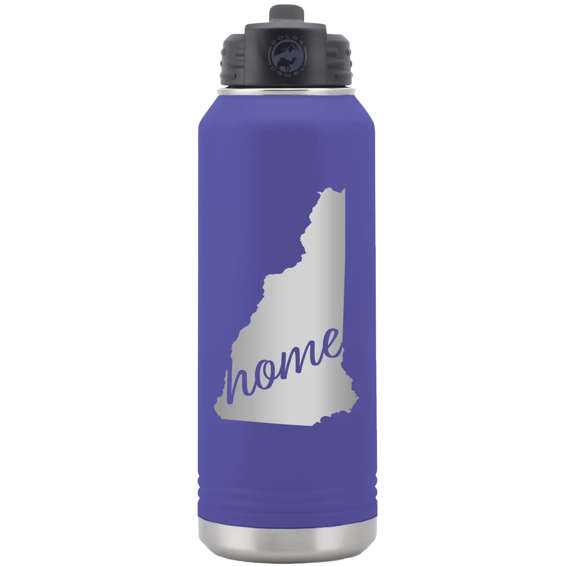 Laser etched purple 32 oz vacuum insulated water bottle with 'New Hampshire Home' design