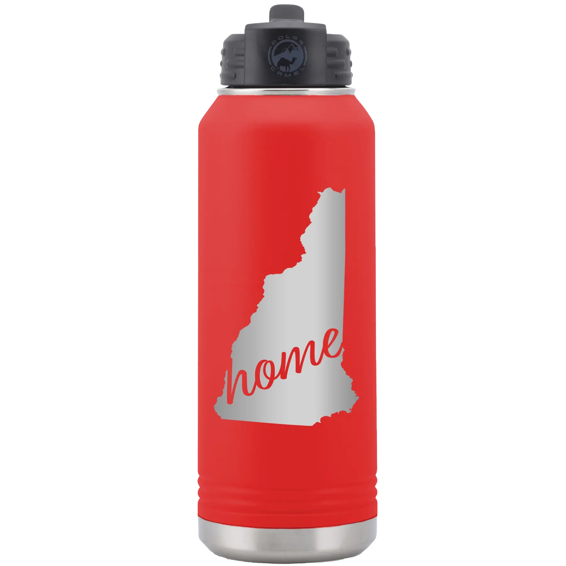 Laser etched red 32 oz vacuum insulated water bottle with 'New Hampshire Home' design