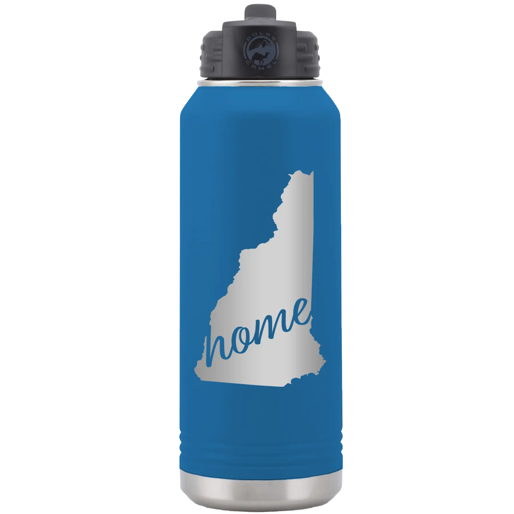 Laser etched royal blue 32 oz vacuum insulated water bottle with 'New Hampshire Home' design