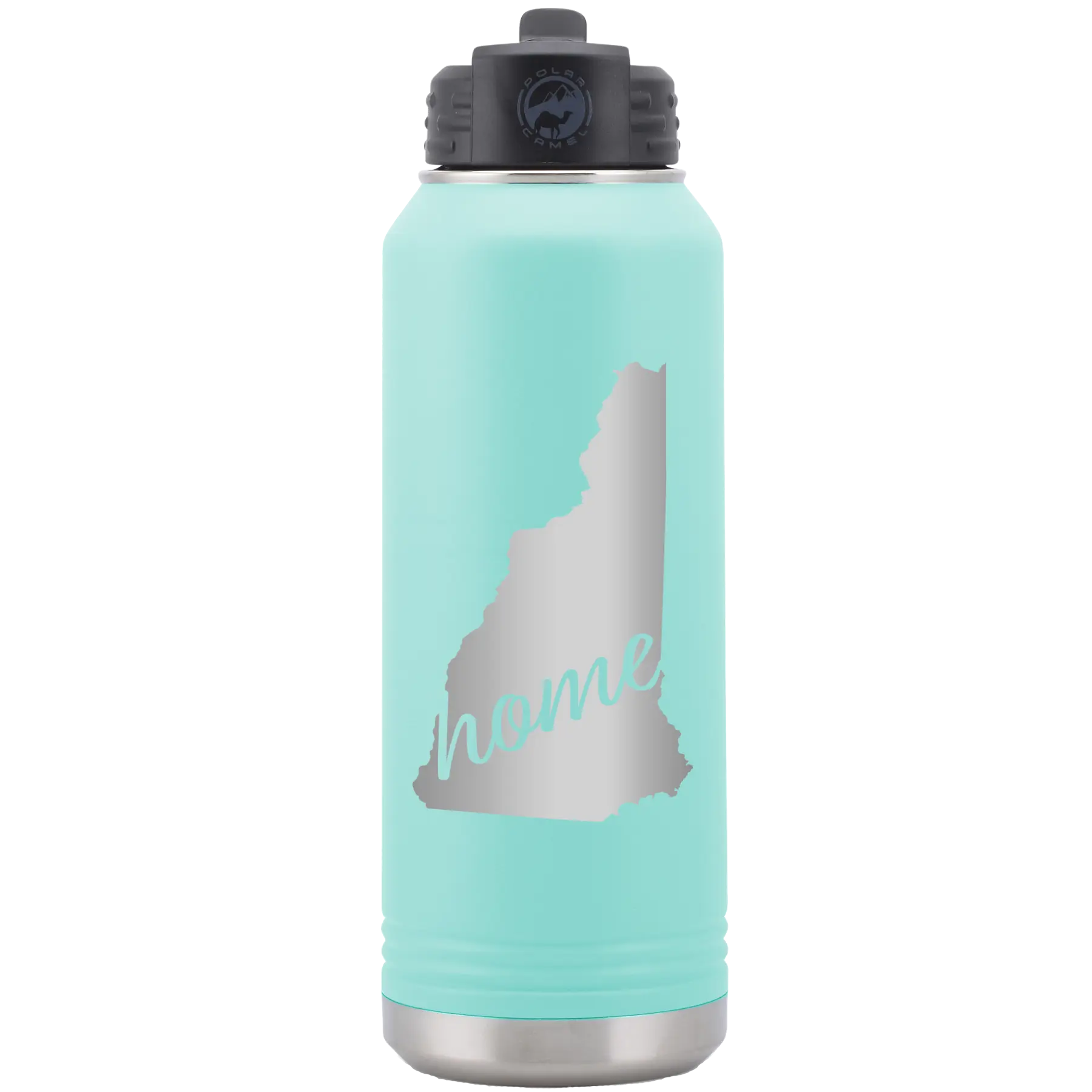 Laser etched teal 32 oz vacuum insulated water bottle with 'New Hampshire Home' design