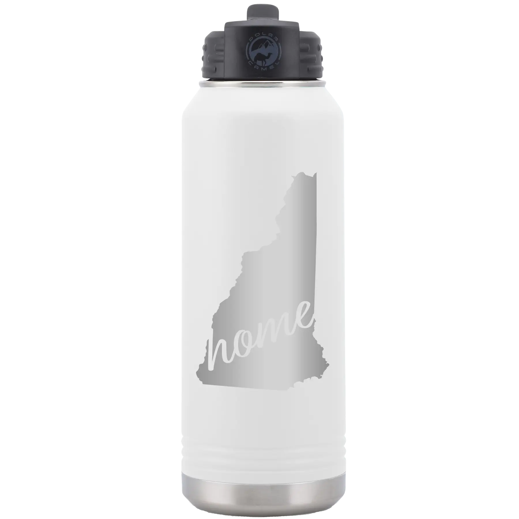 Laser etched white 32 oz vacuum insulated water bottle with 'New Hampshire Home' design