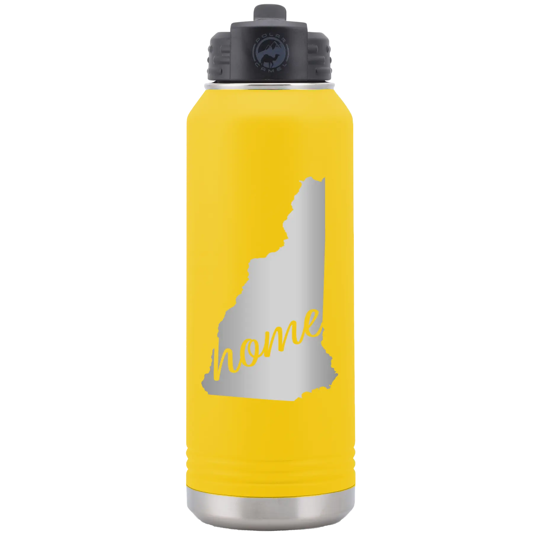 Laser etched yellow 32 oz vacuum insulated water bottle with 'New Hampshire Home' design