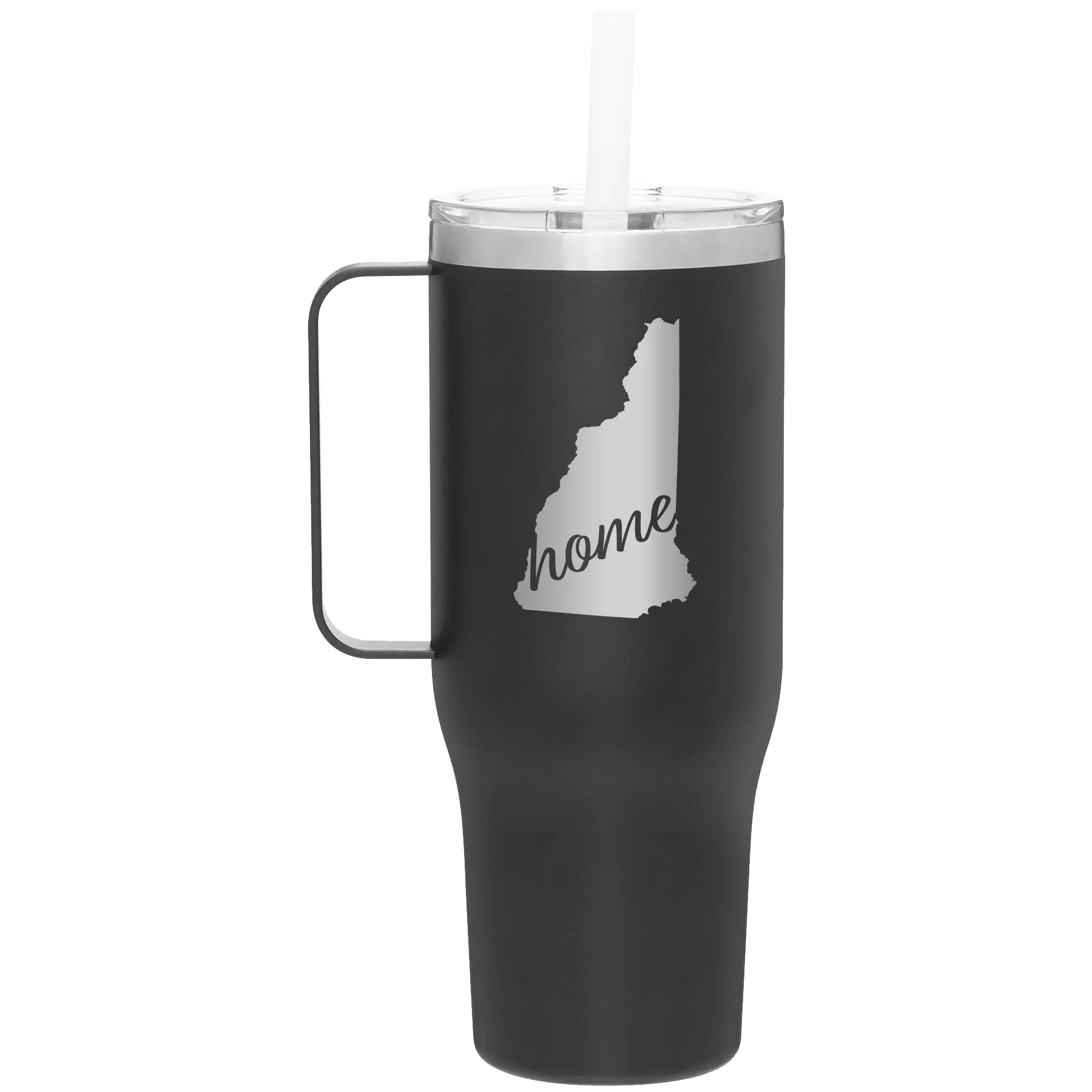Laser etched black 40 oz vacuum insulated tumbler mug with 'New Hampshire Home' design