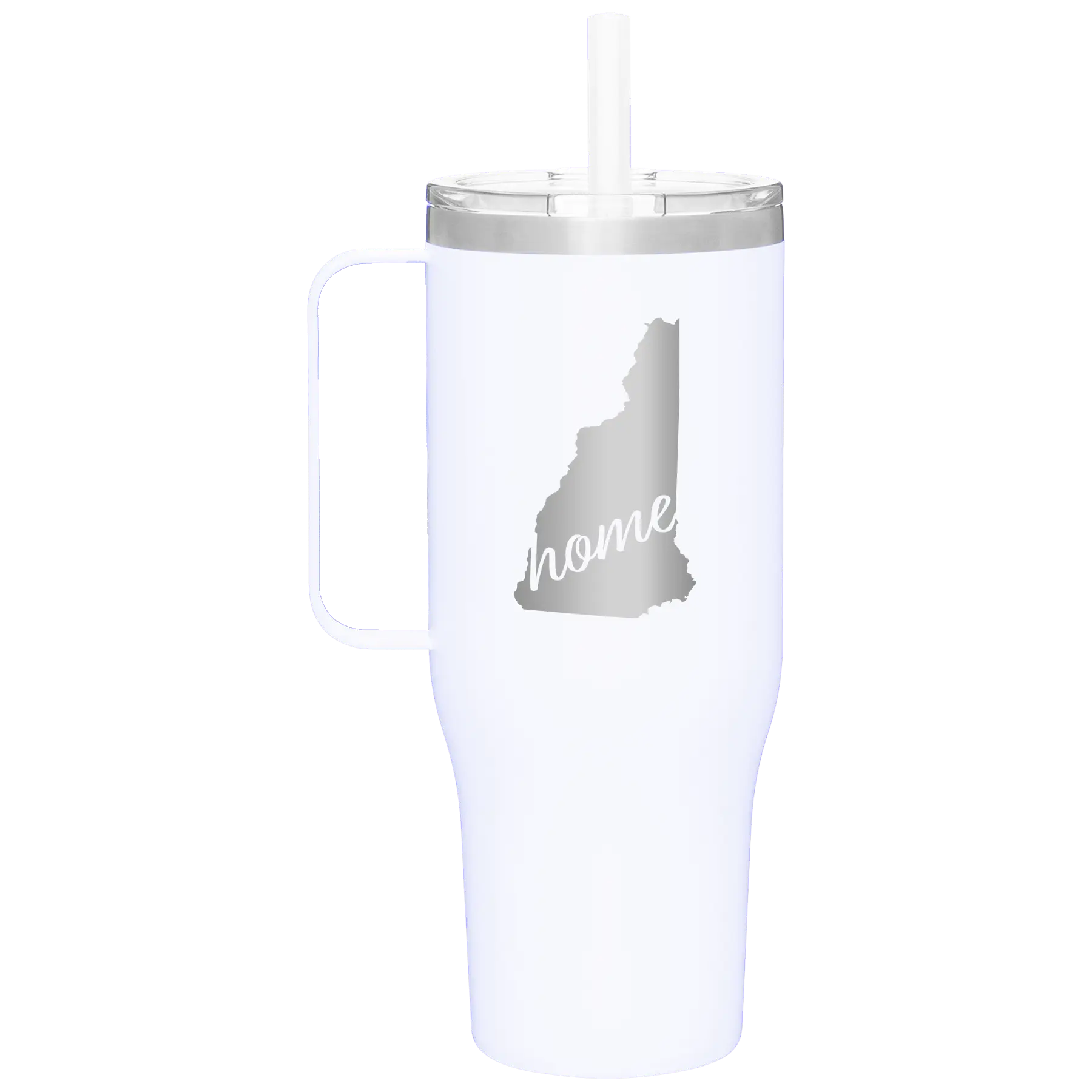 Laser etched white 40 oz vacuum insulated tumbler mug with 'New Hampshire Home' design