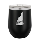 Laser etched black 12 oz vacuum insulated wine cup with 'New Hampshire Home' design