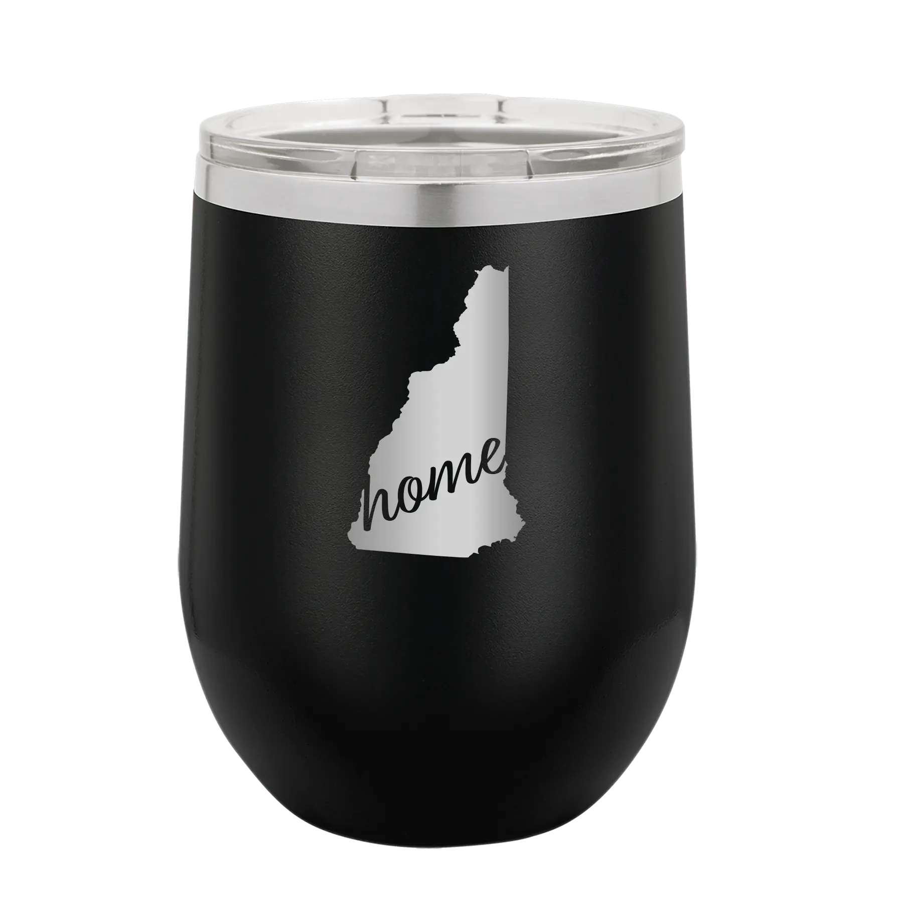 Laser etched black 12 oz vacuum insulated wine cup with 'New Hampshire Home' design