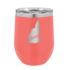 Laser etched coral 12 oz vacuum insulated wine cup with 'New Hampshire Home' design