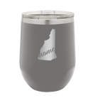 Laser etched dark gray 12 oz vacuum insulated wine cup with 'New Hampshire Home' design