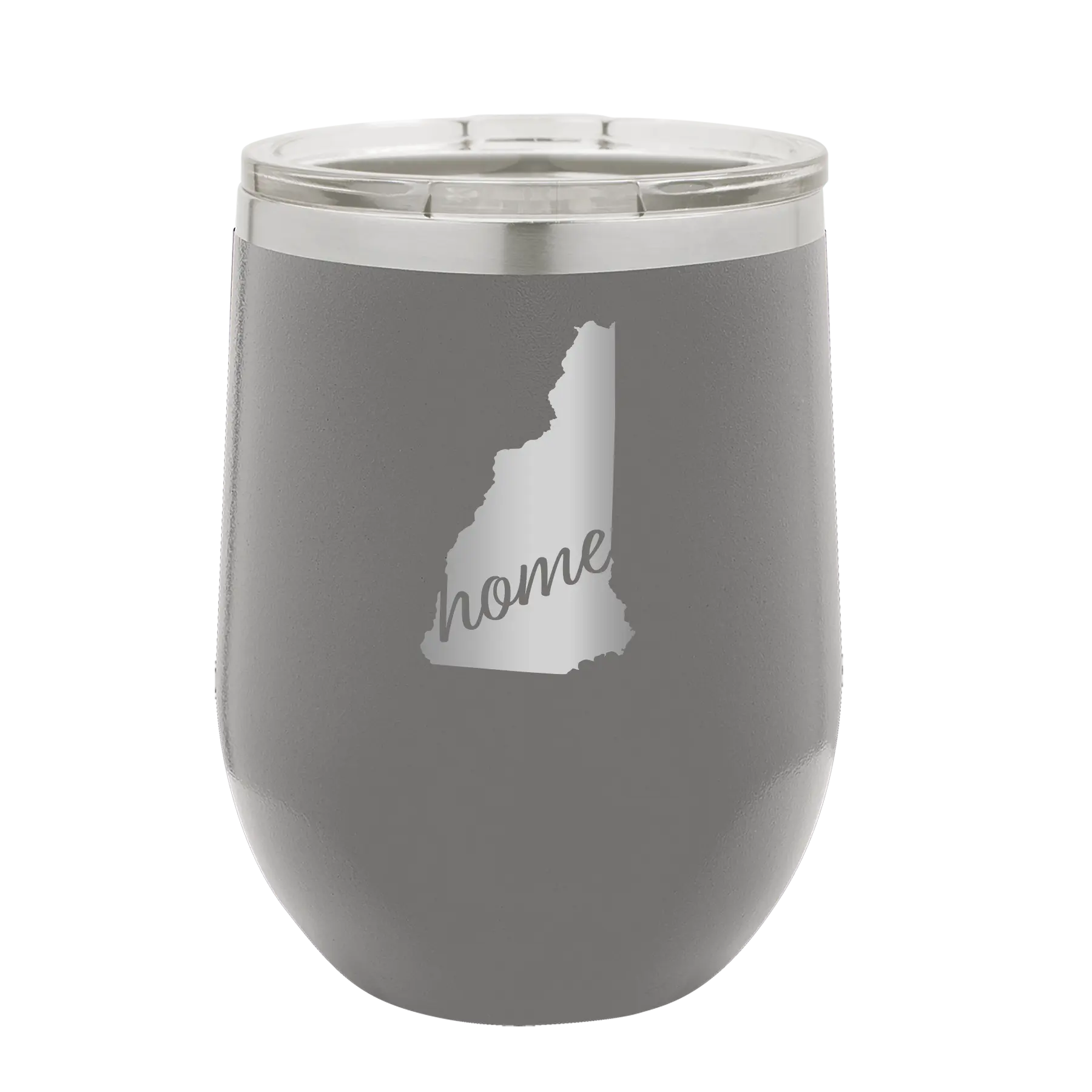 Laser etched dark gray 12 oz vacuum insulated wine cup with 'New Hampshire Home' design