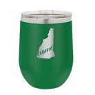 Laser etched green 12 oz vacuum insulated wine cup with 'New Hampshire Home' design
