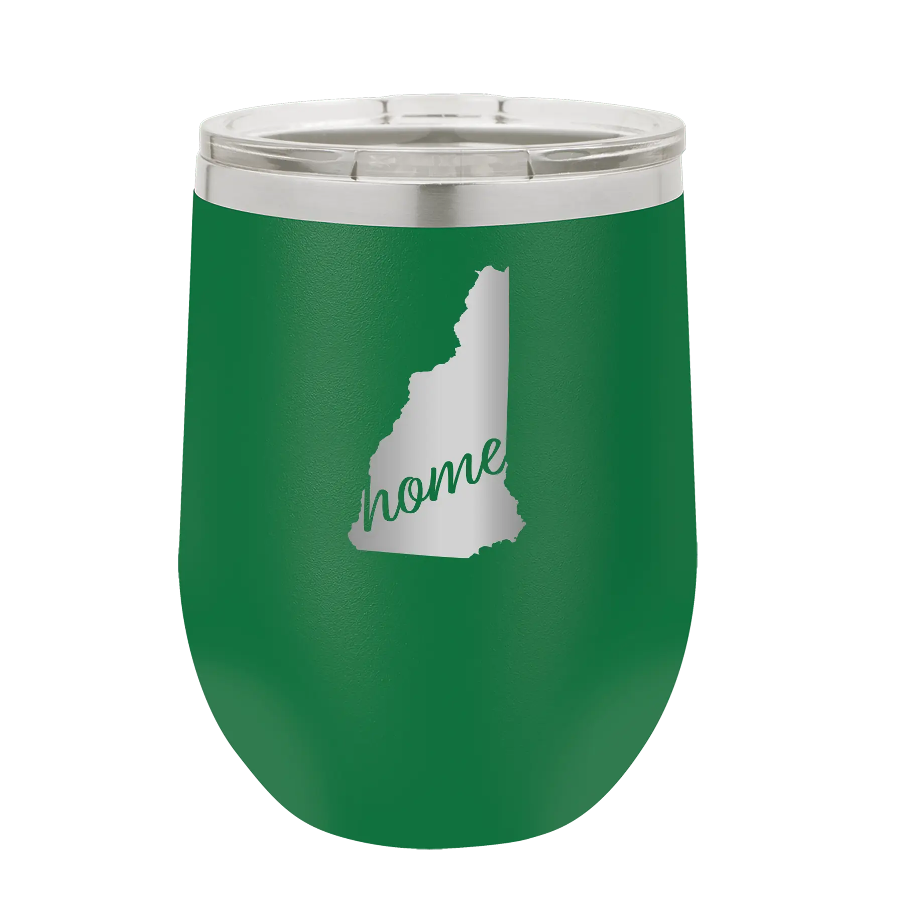 Laser etched green 12 oz vacuum insulated wine cup with 'New Hampshire Home' design
