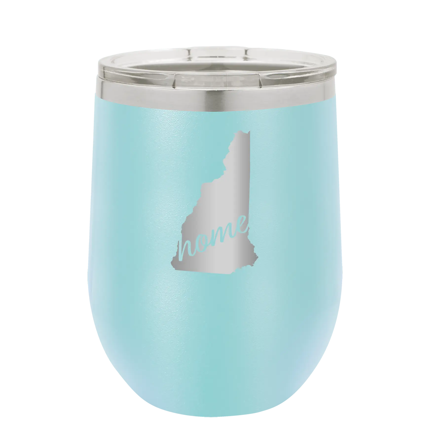 Laser etched light blue 12 oz vacuum insulated wine cup with 'New Hampshire Home' design