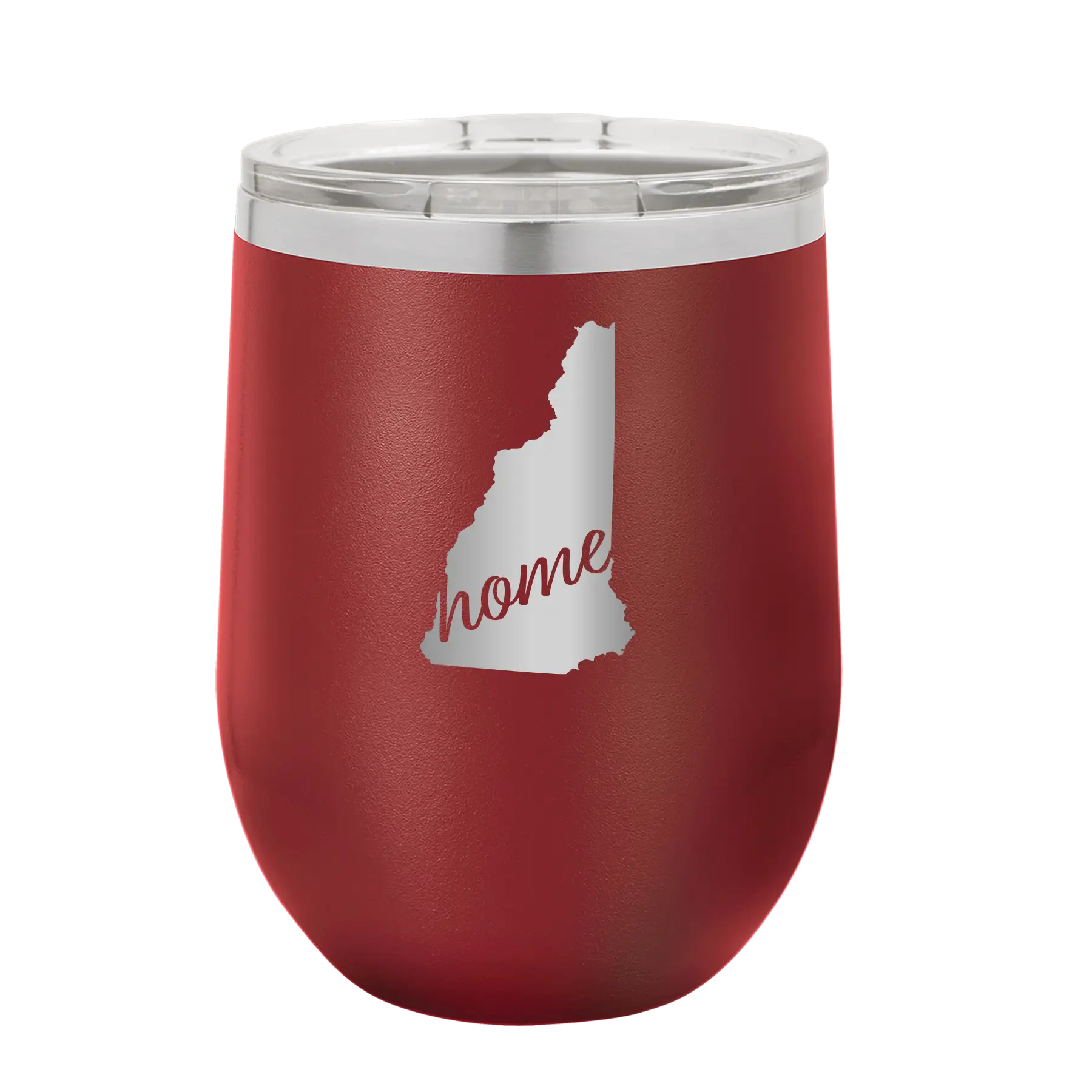 Laser etched maroon 12 oz vacuum insulated wine cup with 'New Hampshire Home' design