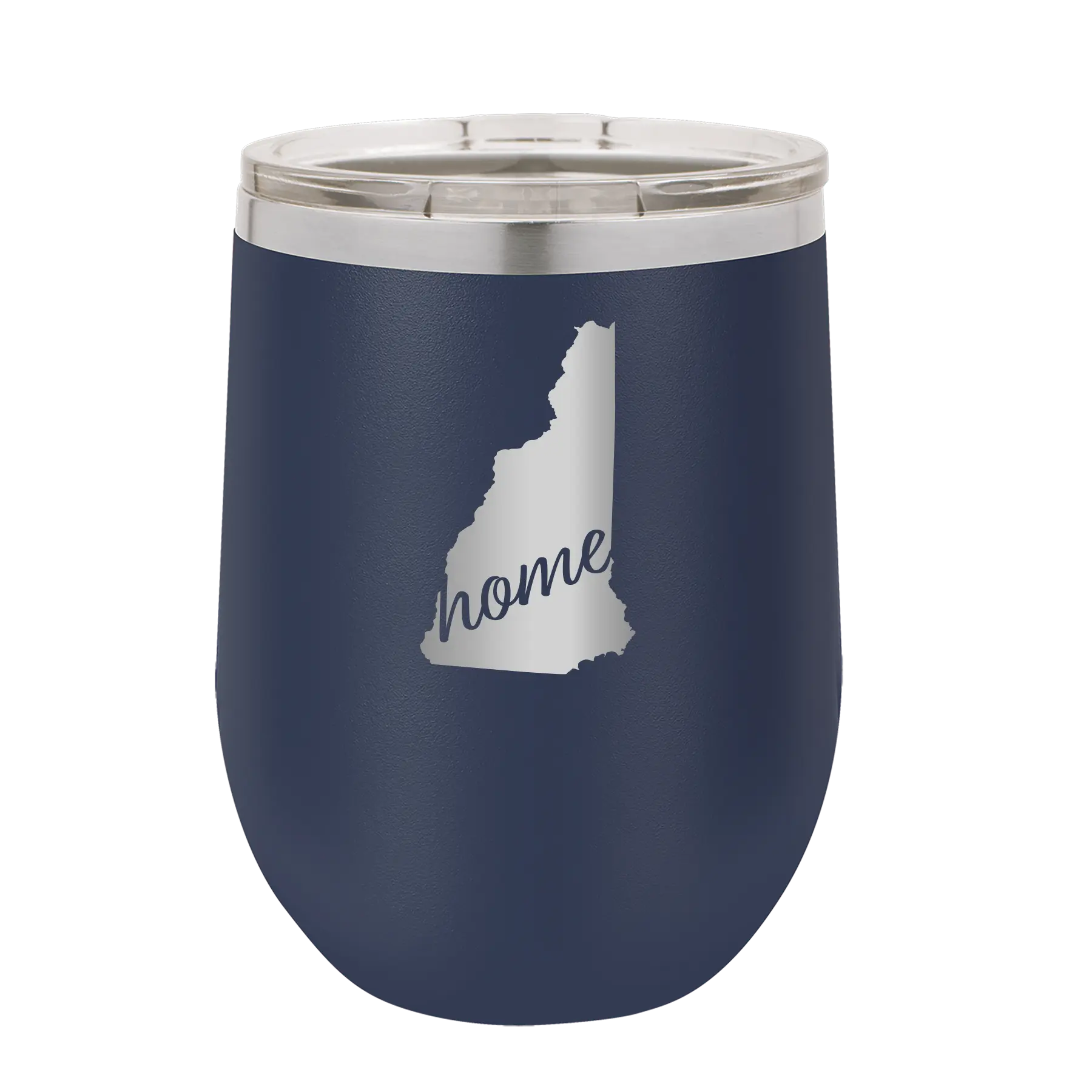 Laser etched navy 12 oz vacuum insulated wine cup with 'New Hampshire Home' design