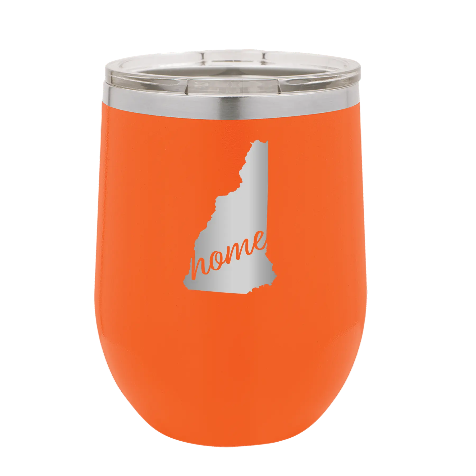 Laser etched orange 12 oz vacuum insulated wine cup with 'New Hampshire Home' design