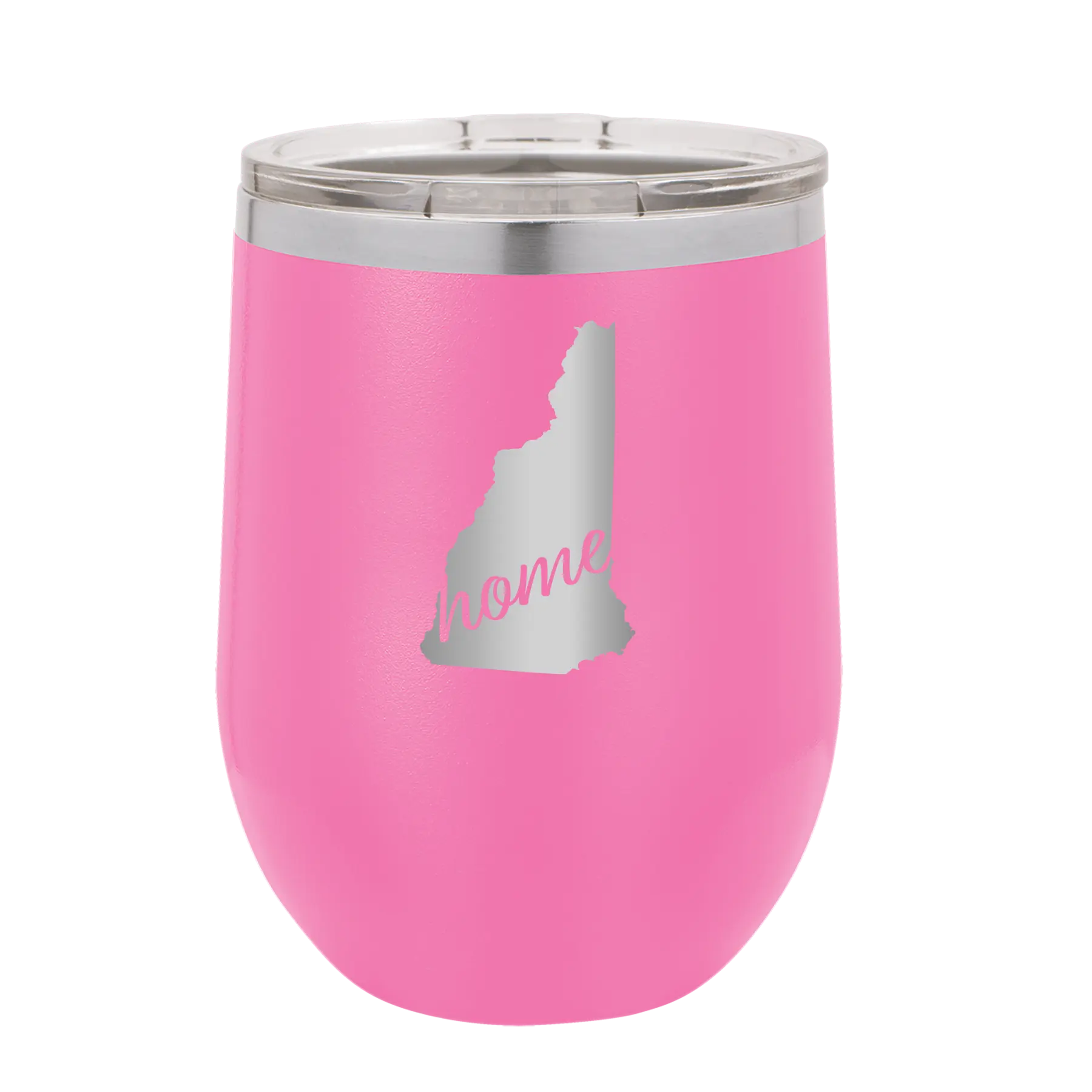 Laser etched pink 12 oz vacuum insulated wine cup with 'New Hampshire Home' design