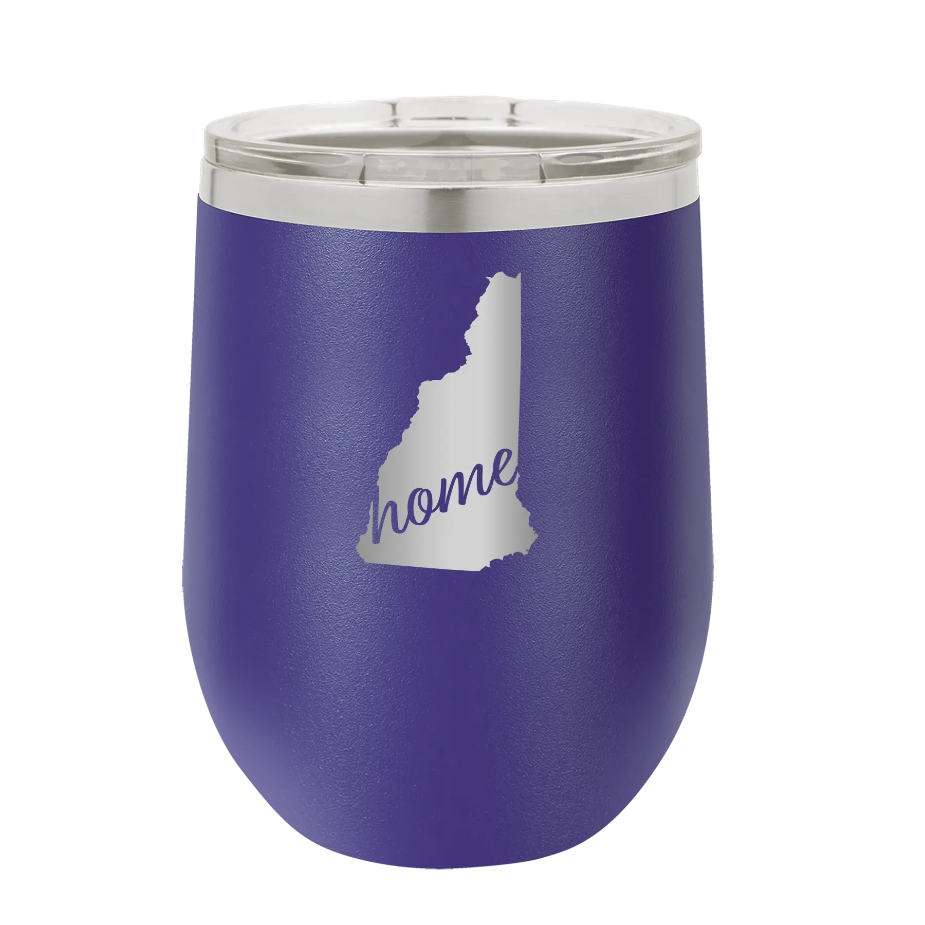 Laser etched purple 12 oz vacuum insulated wine cup with 'New Hampshire Home' design