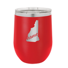 Laser etched red 12 oz vacuum insulated wine cup with 'New Hampshire Home' design