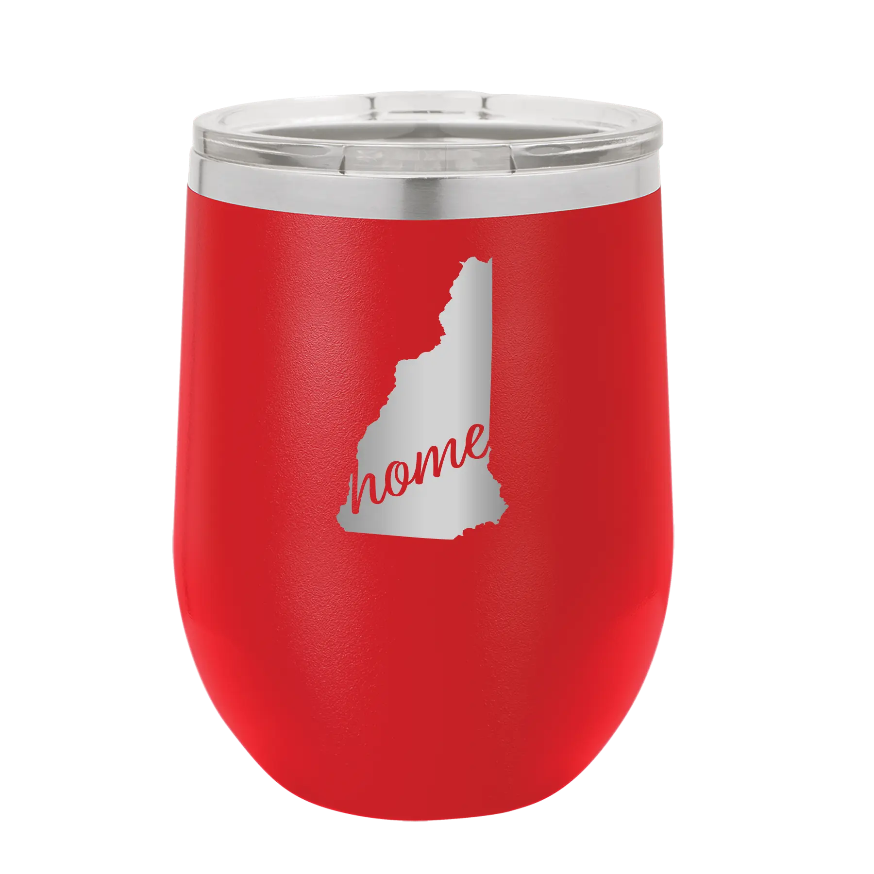 Laser etched red 12 oz vacuum insulated wine cup with 'New Hampshire Home' design