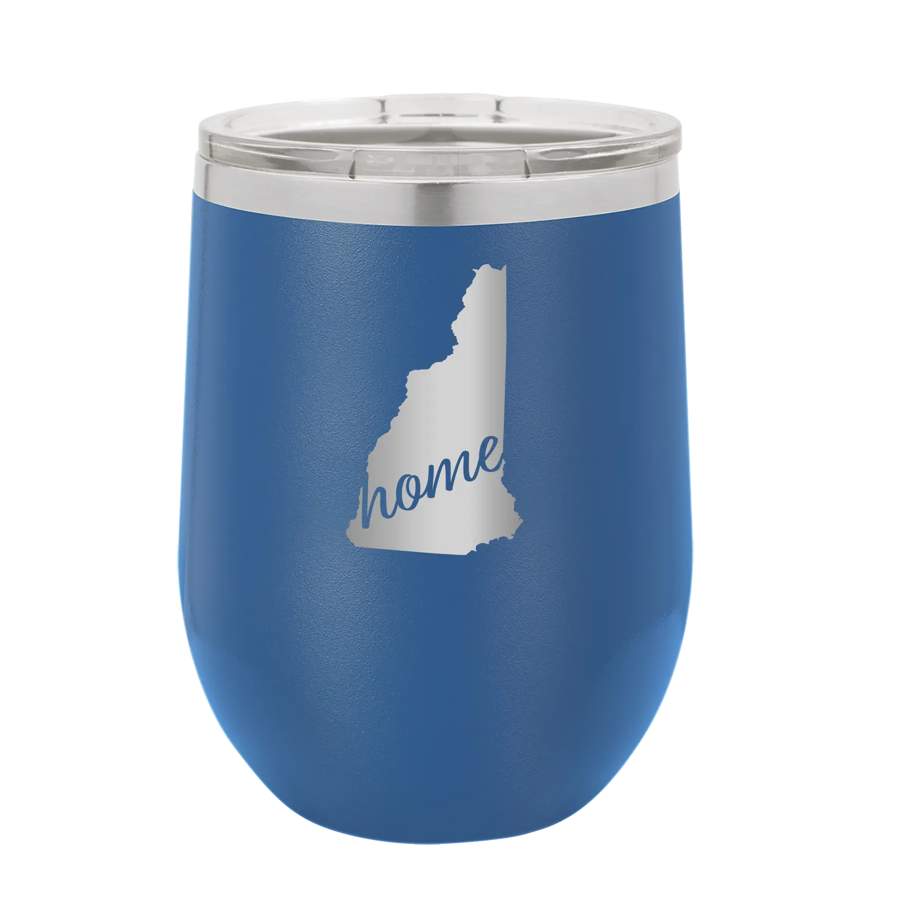 Laser etched royal blue 12 oz vacuum insulated wine cup with 'New Hampshire Home' design