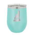 Laser etched teal 12 oz vacuum insulated wine cup with 'New Hampshire Home' design