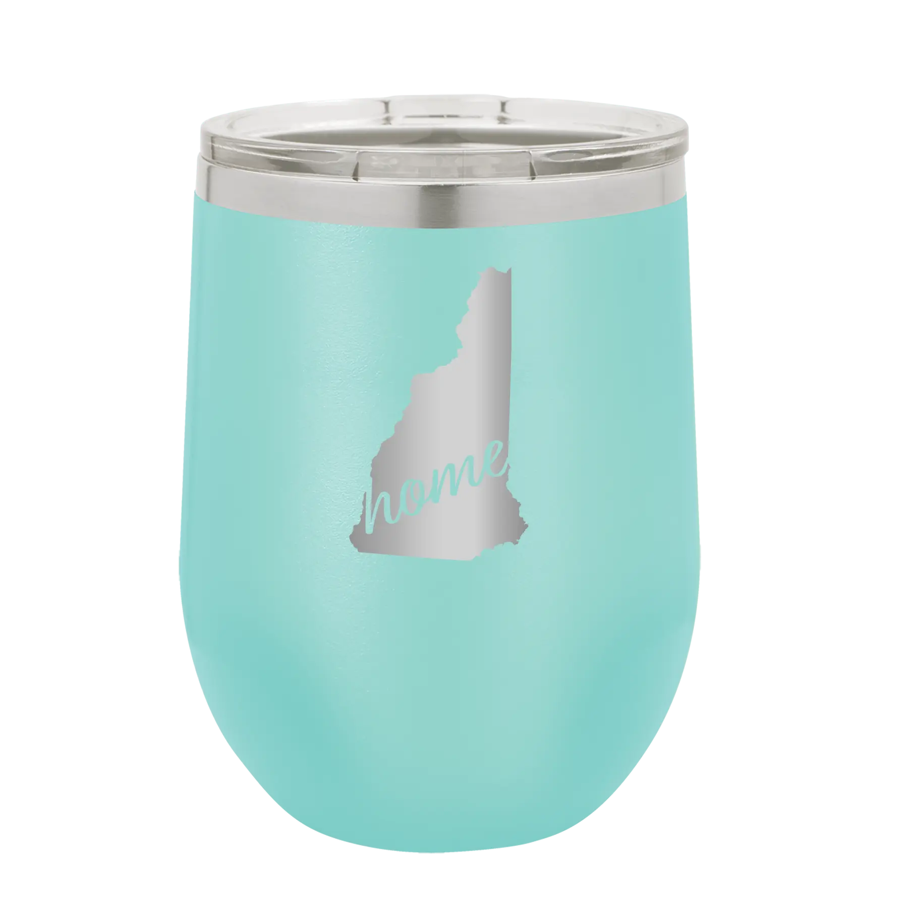 Laser etched teal 12 oz vacuum insulated wine cup with 'New Hampshire Home' design