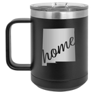 Laser etched black 15 oz vacuum insulated coffee mug with 'New Mexico home' design