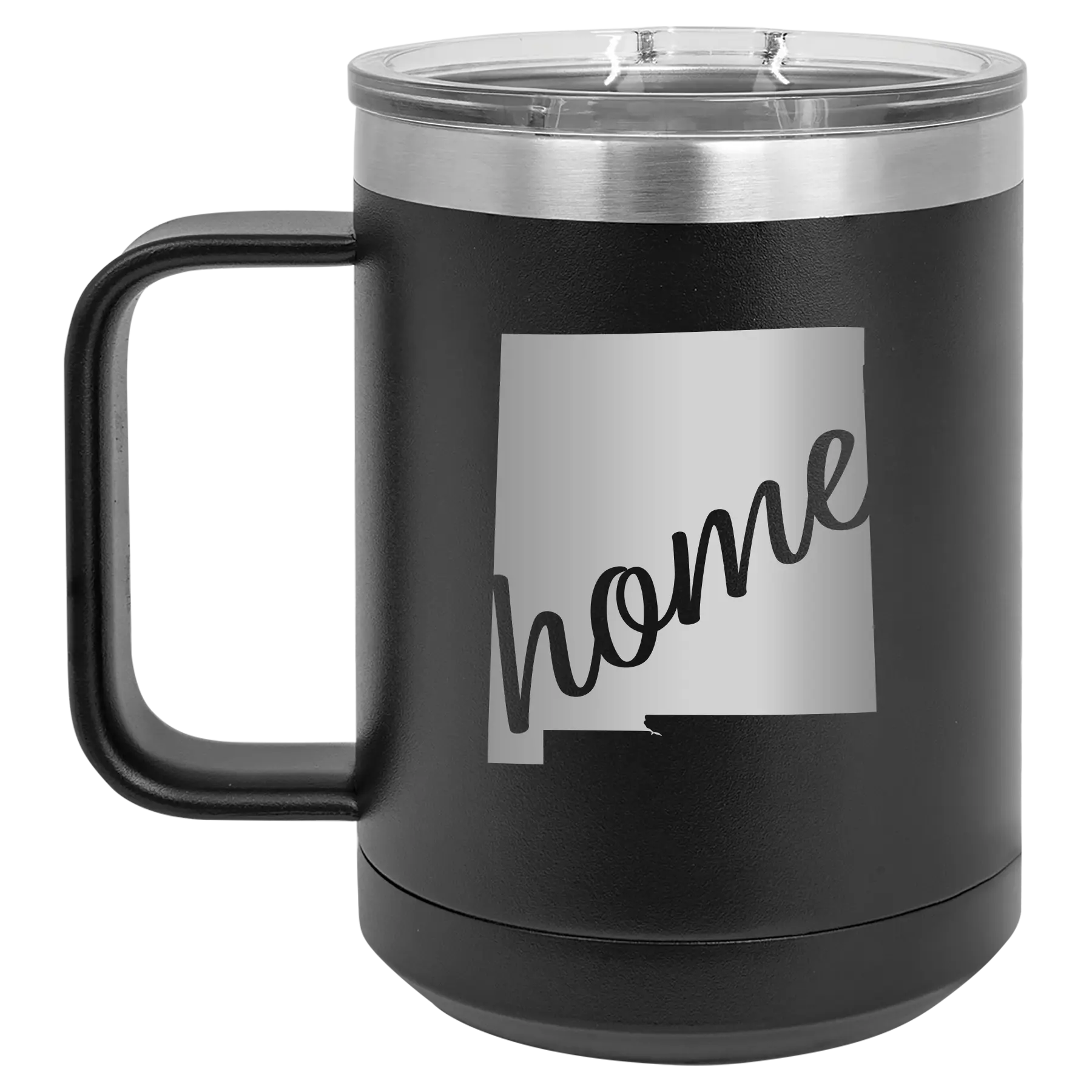 Laser etched black 15 oz vacuum insulated coffee mug with 'New Mexico home' design