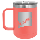 Laser etched coral 15 oz vacuum insulated coffee mug with 'New Mexico home' design