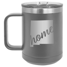 Laser etched dark gray 15 oz vacuum insulated coffee mug with 'New Mexico home' design