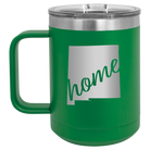 Laser etched green 15 oz vacuum insulated coffee mug with 'New Mexico home' design