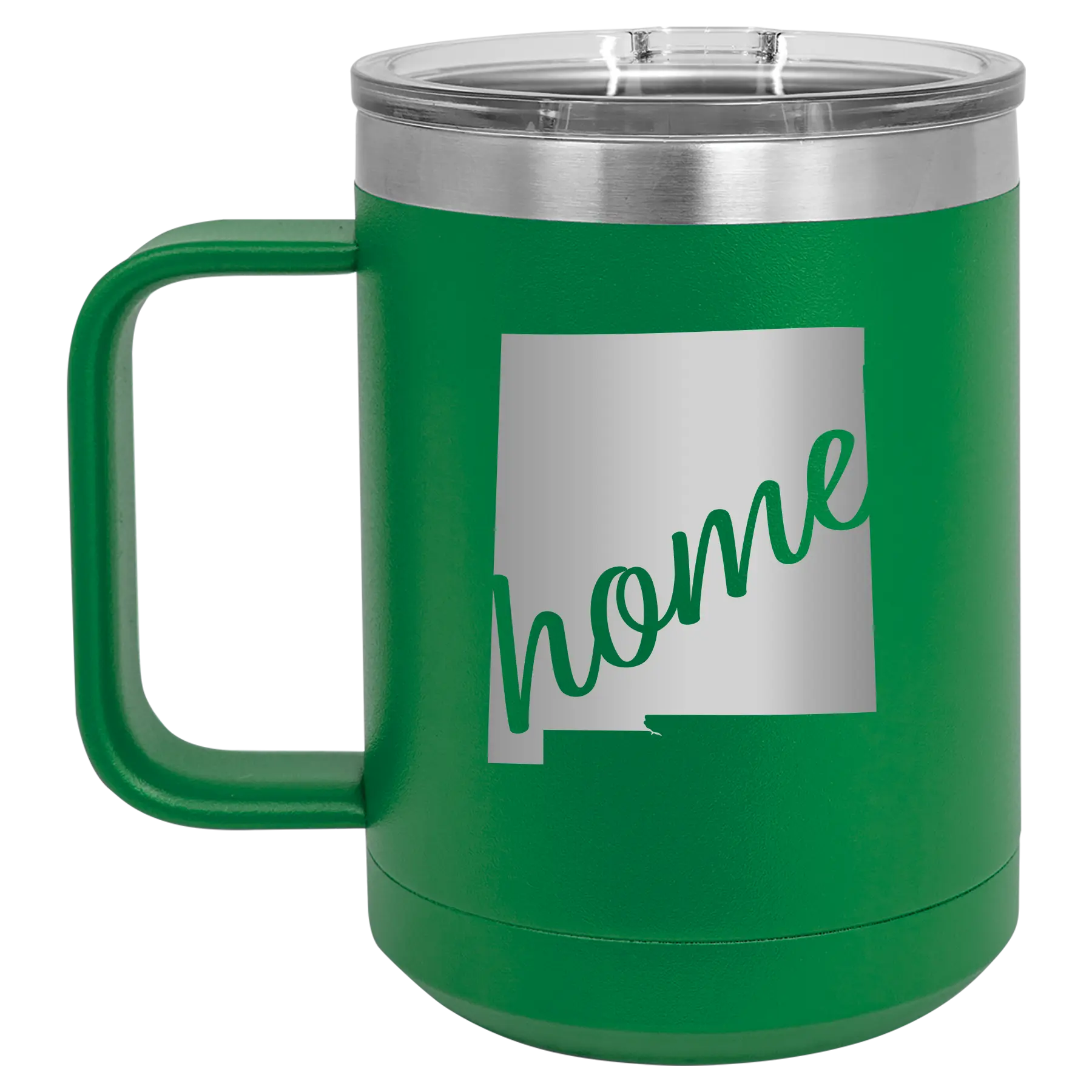 Laser etched green 15 oz vacuum insulated coffee mug with 'New Mexico home' design