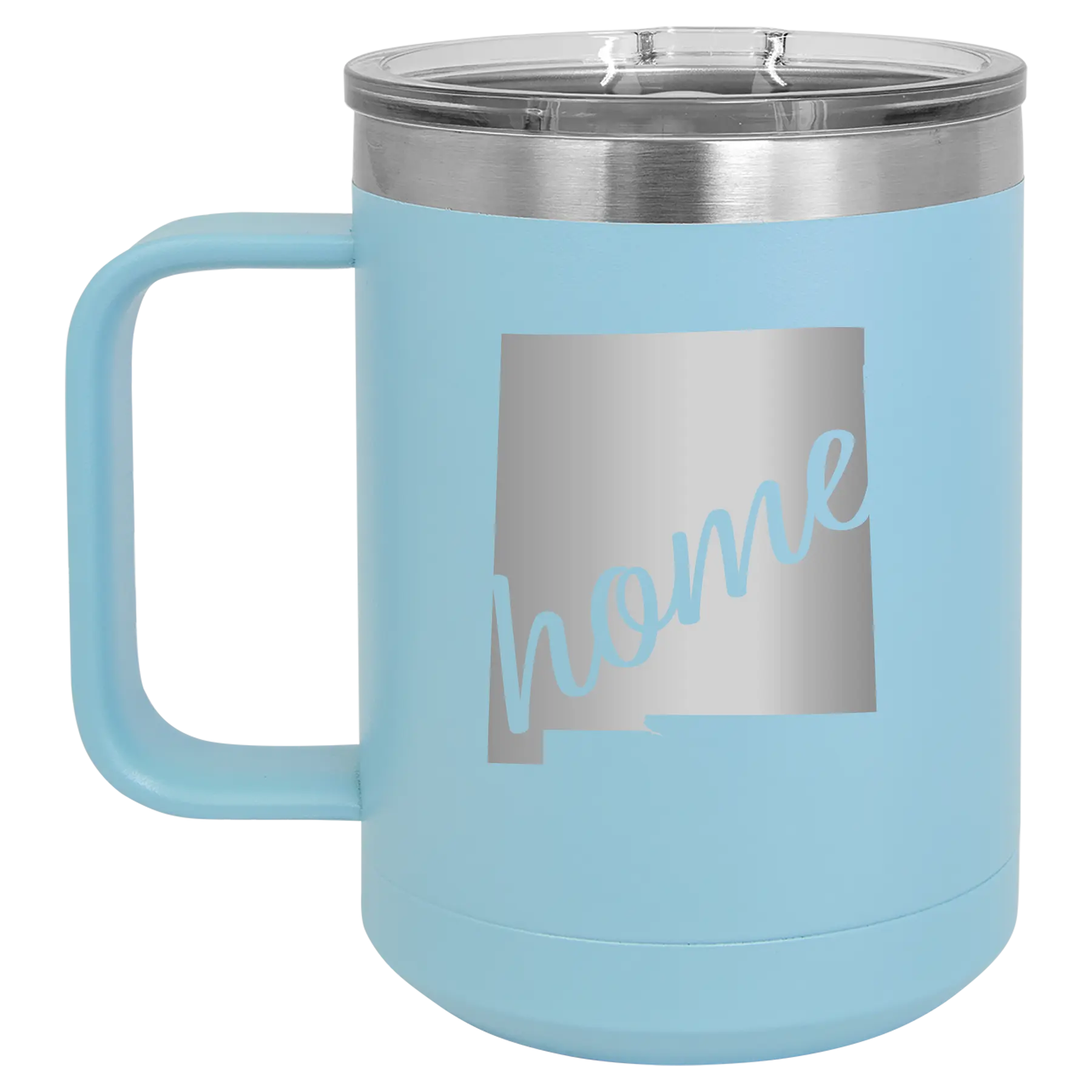 Laser etched light blue 15 oz vacuum insulated coffee mug with 'New Mexico home' design