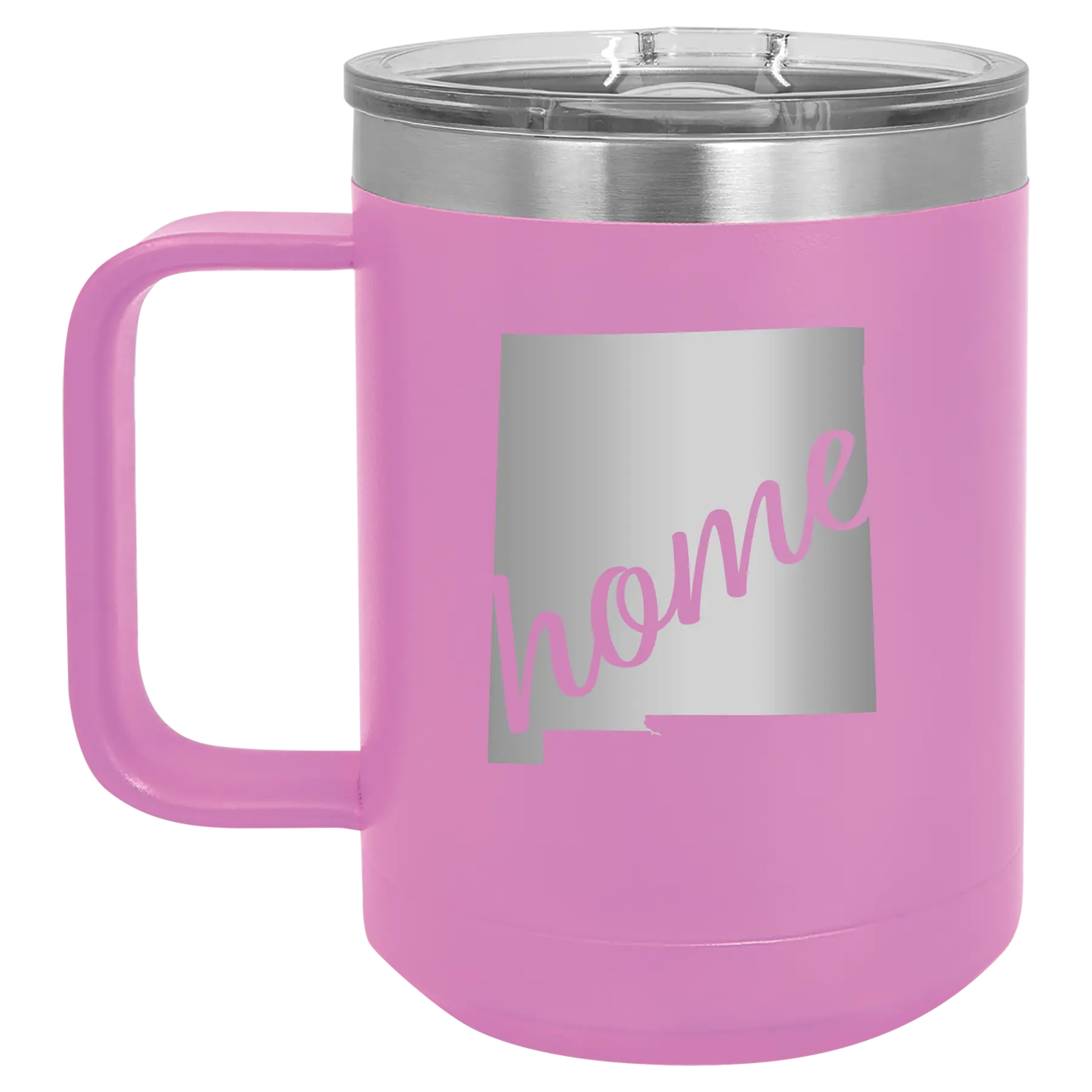 Laser etched light purple 15 oz vacuum insulated coffee mug with 'New Mexico home' design