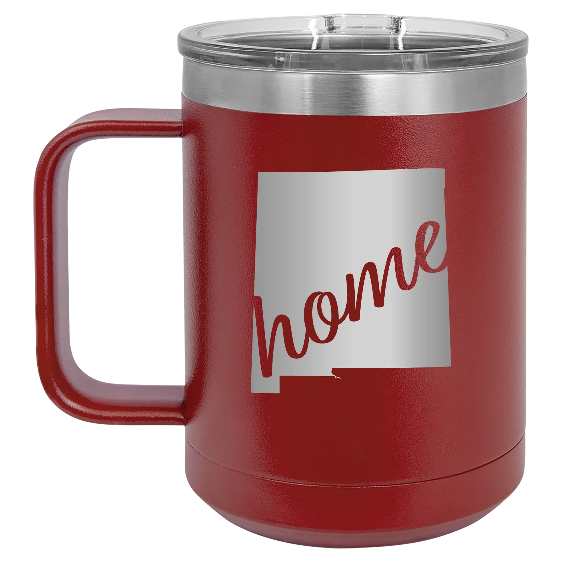 Laser etched maroon 15 oz vacuum insulated coffee mug with 'New Mexico home' design