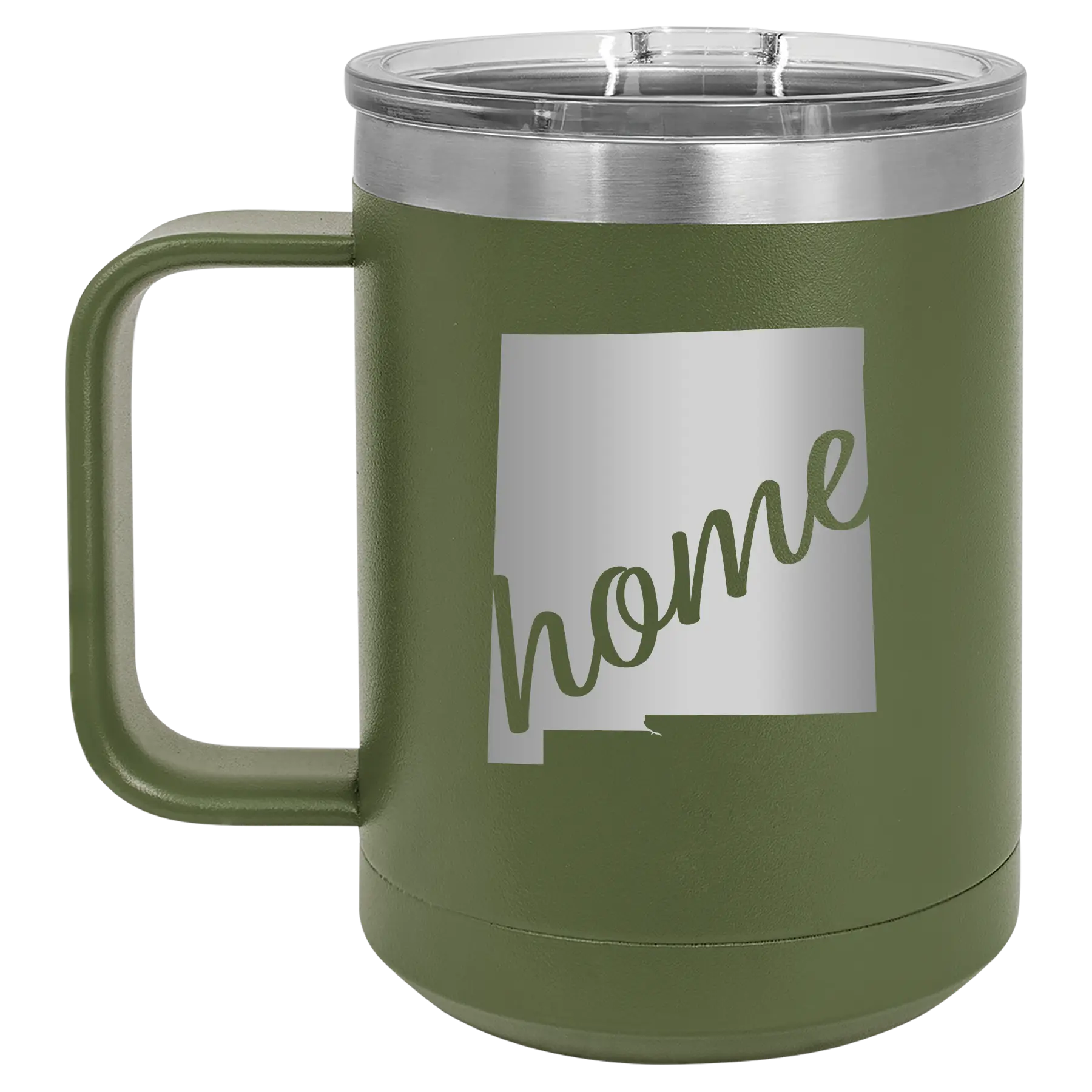 Laser etched olive green 15 oz vacuum insulated coffee mug with 'New Mexico home' design