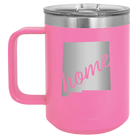 Laser etched pink 15 oz vacuum insulated coffee mug with 'New Mexico home' design