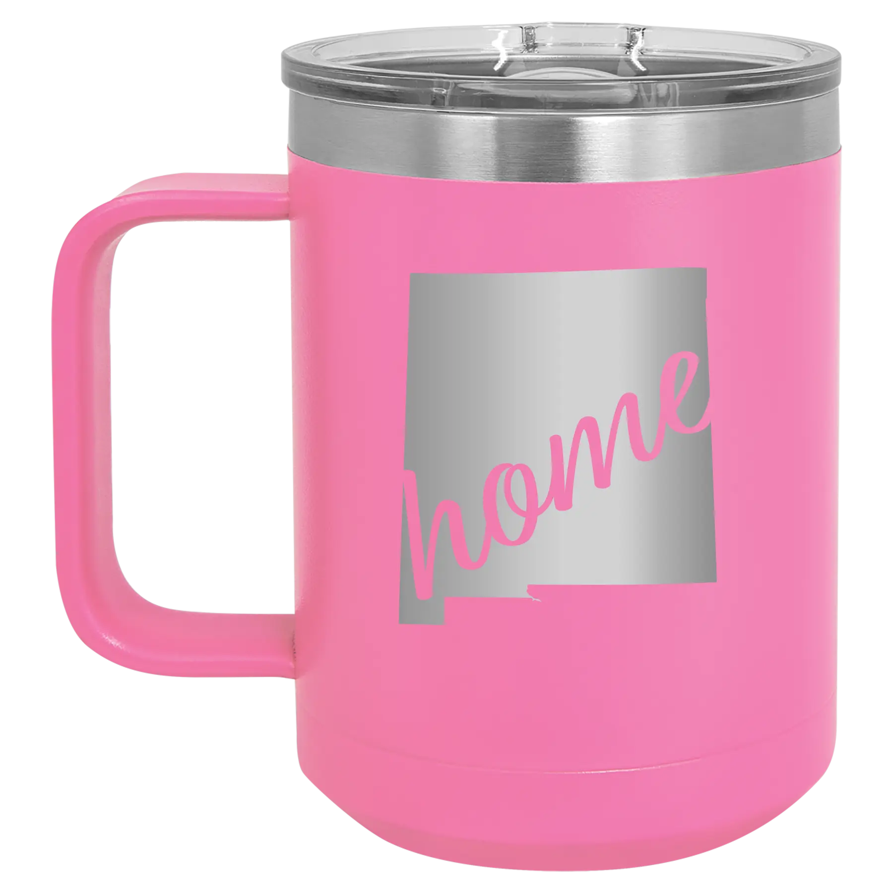 Laser etched pink 15 oz vacuum insulated coffee mug with 'New Mexico home' design
