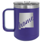 Laser etched purple 15 oz vacuum insulated coffee mug with 'New Mexico home' design